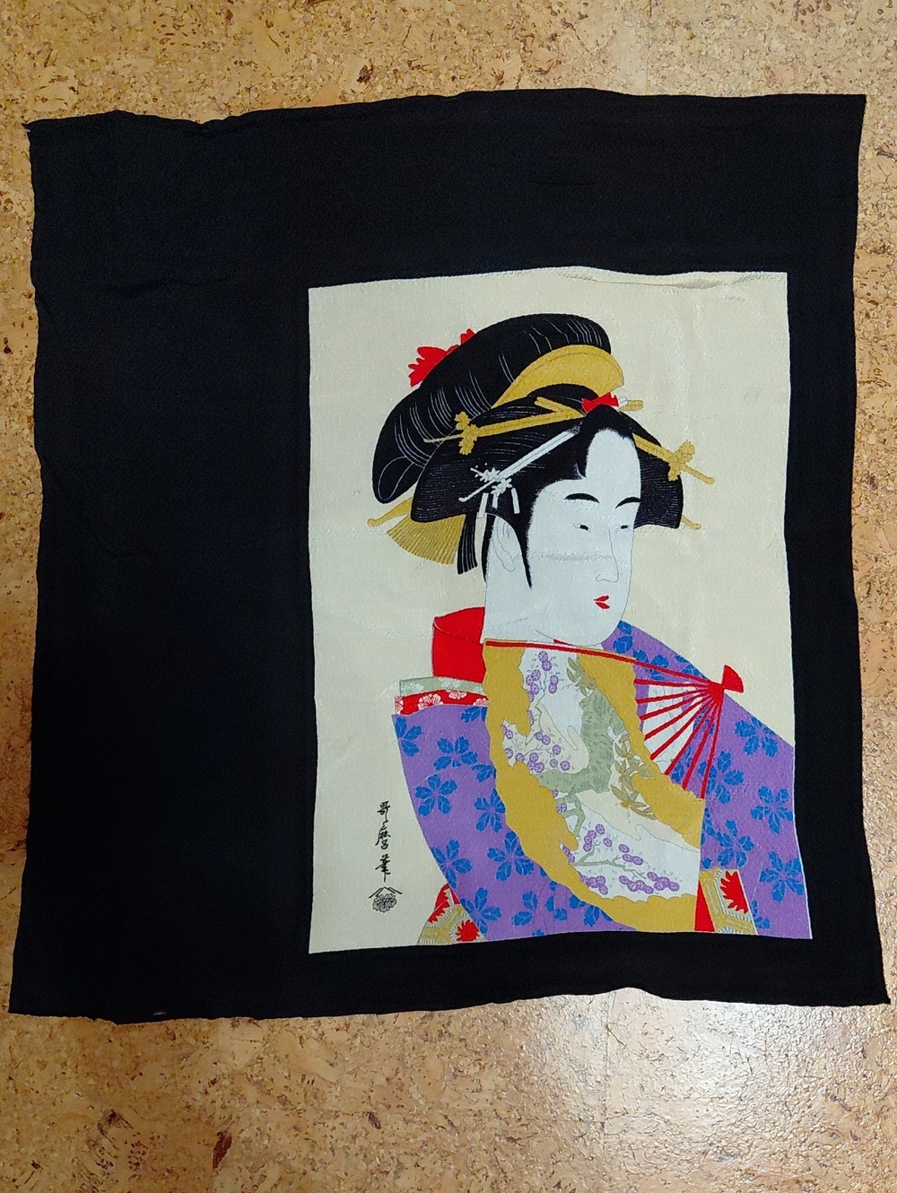 Ukiyo-e Woman With Fan Chirimen Furoshiki Wrapping Cloth In Bright Colors